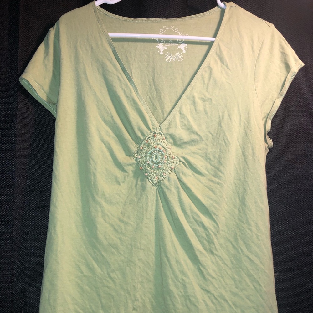 Green maternity shirt with bead embellishment